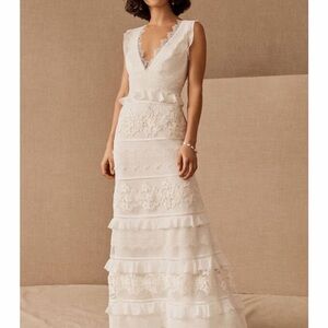 Sachin + Babi Ivory Lace Tiered Wedding Gown